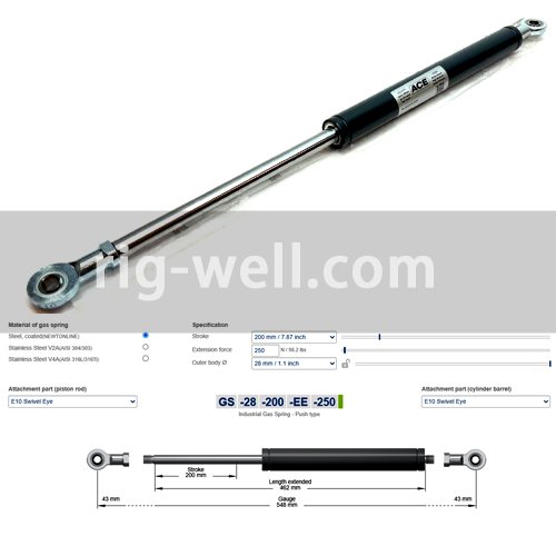 ACE GS-28-200-EE-250N Industrial Gas Springs - Push Type